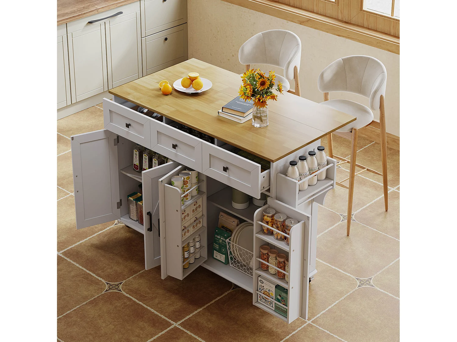 Ilot central de cuisine - table à manger pliable - avec 5 roulettes verrouillables - avec 3 tiroirs et 4 portes - avec porte-serviettes - Blanc