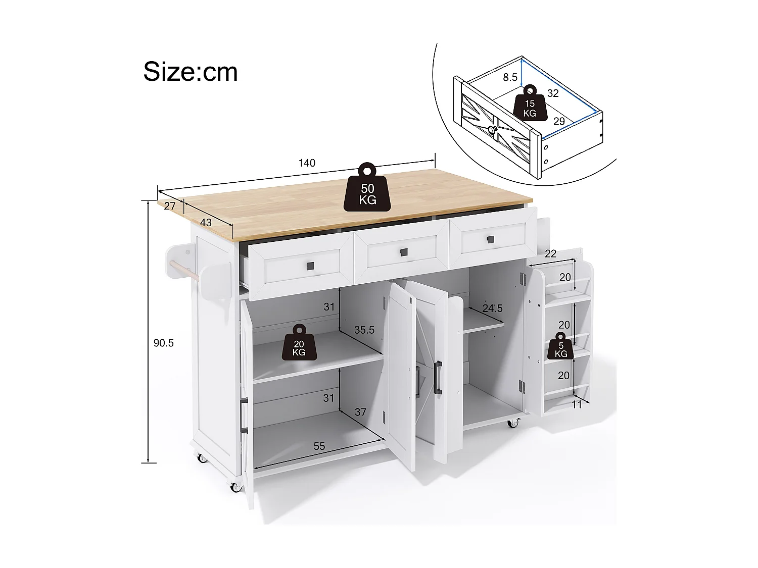 Ilot central de cuisine - table à manger pliable - avec 5 roulettes verrouillables - avec 3 tiroirs et 4 portes - avec porte-serviettes - Blanc