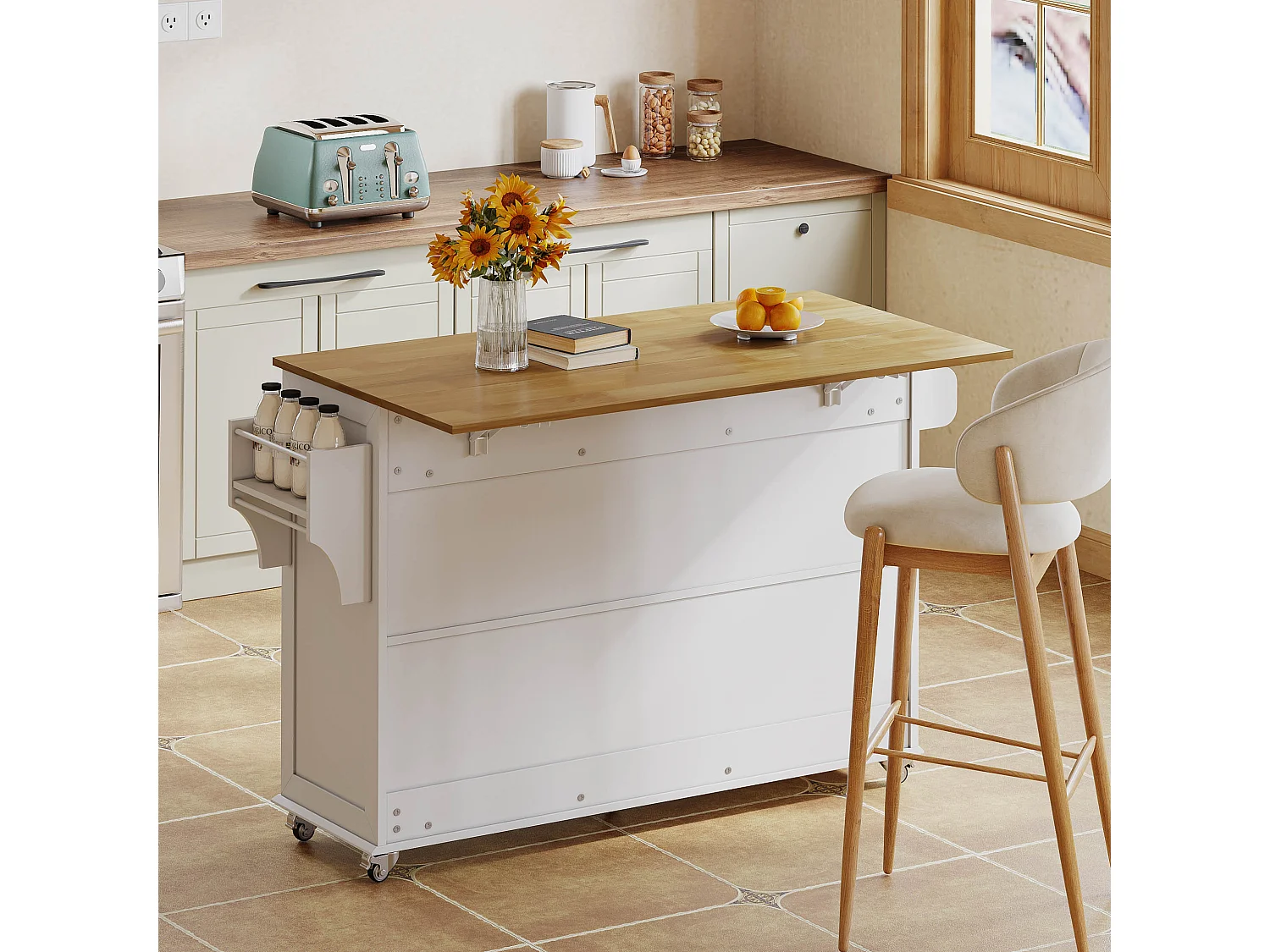 Ilot central de cuisine - table à manger pliable - avec 5 roulettes verrouillables - avec 3 tiroirs et 4 portes - avec porte-serviettes - Blanc