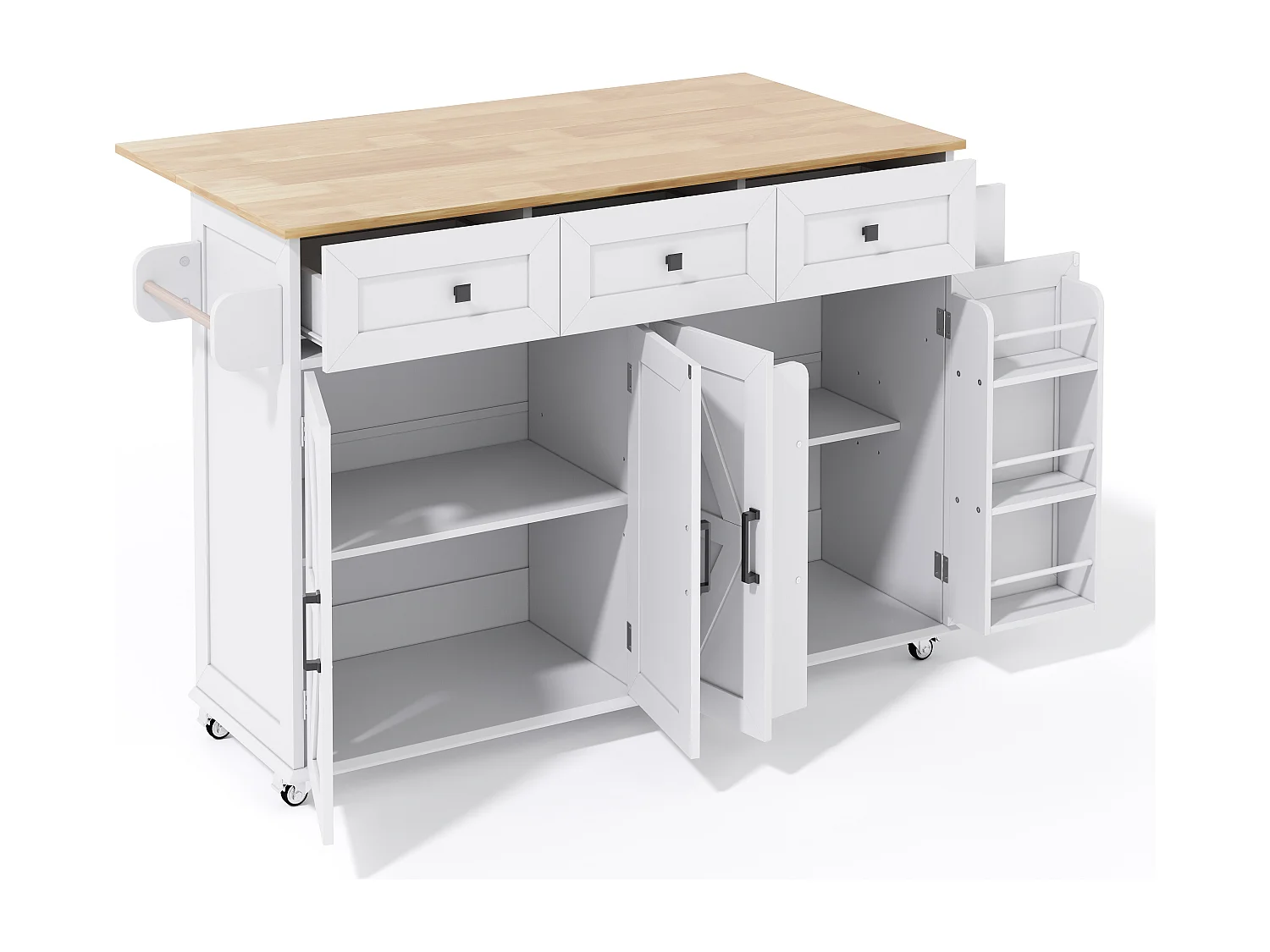 Ilot central de cuisine - table à manger pliable - avec 5 roulettes verrouillables - avec 3 tiroirs et 4 portes - avec porte-serviettes - Blanc