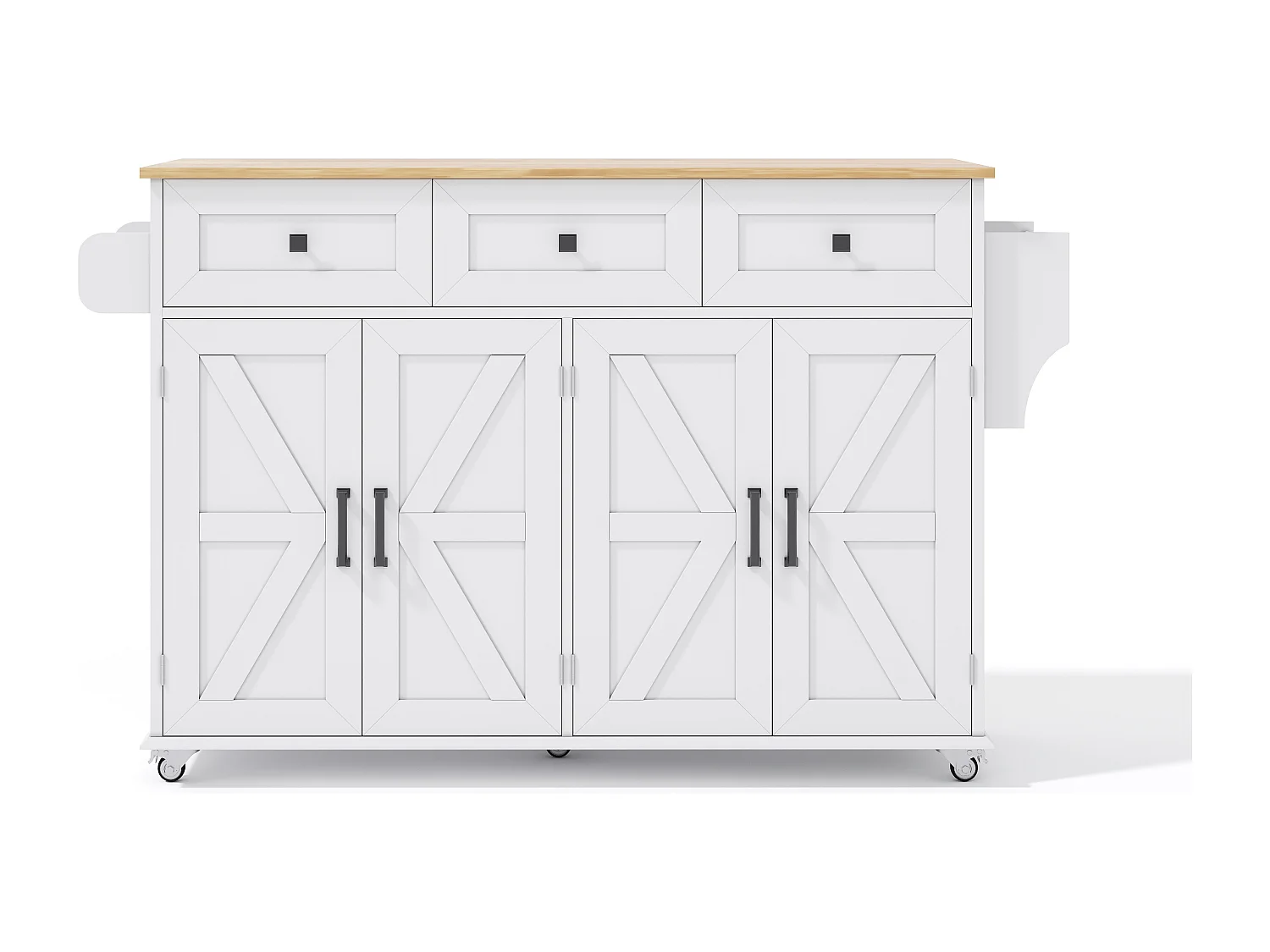 Ilot central de cuisine - table à manger pliable - avec 5 roulettes verrouillables - avec 3 tiroirs et 4 portes - avec porte-serviettes - Blanc