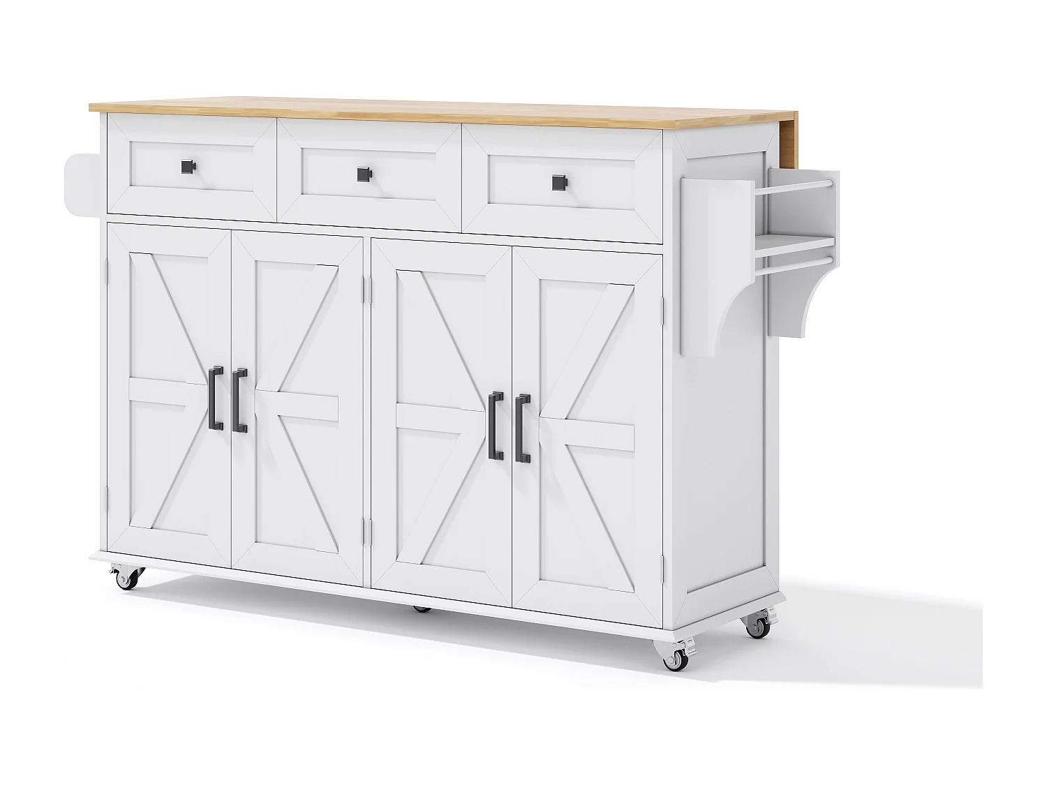 Ilot central de cuisine - table à manger pliable - avec 5 roulettes verrouillables - avec 3 tiroirs et 4 portes - avec porte-serviettes - Blanc