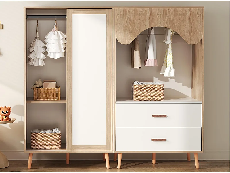 Kinderkleiderschrank-Set - Schrank mit Schiebetüren + offener Schrank - Füße aus Massivholz - weiß + natur