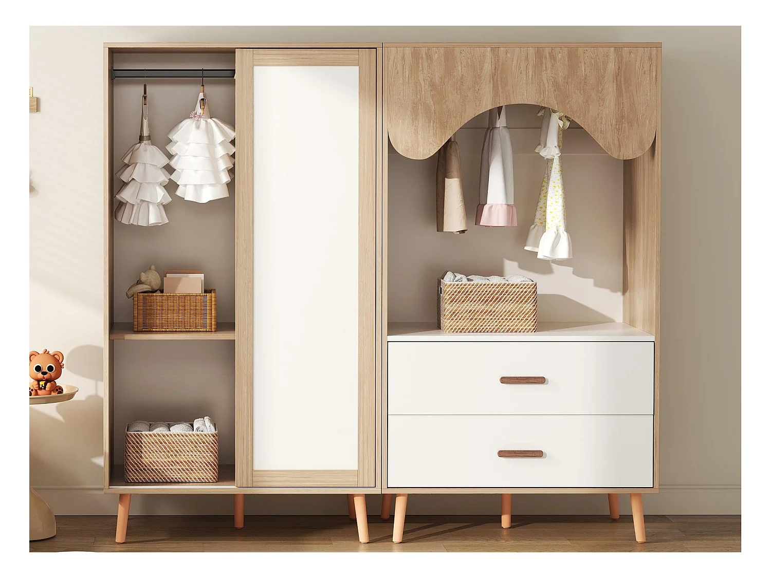 Ensemble armoire enfant - armoire à portes coulissantes + armoire ouverte - pieds en bois massif - blanc + naturel