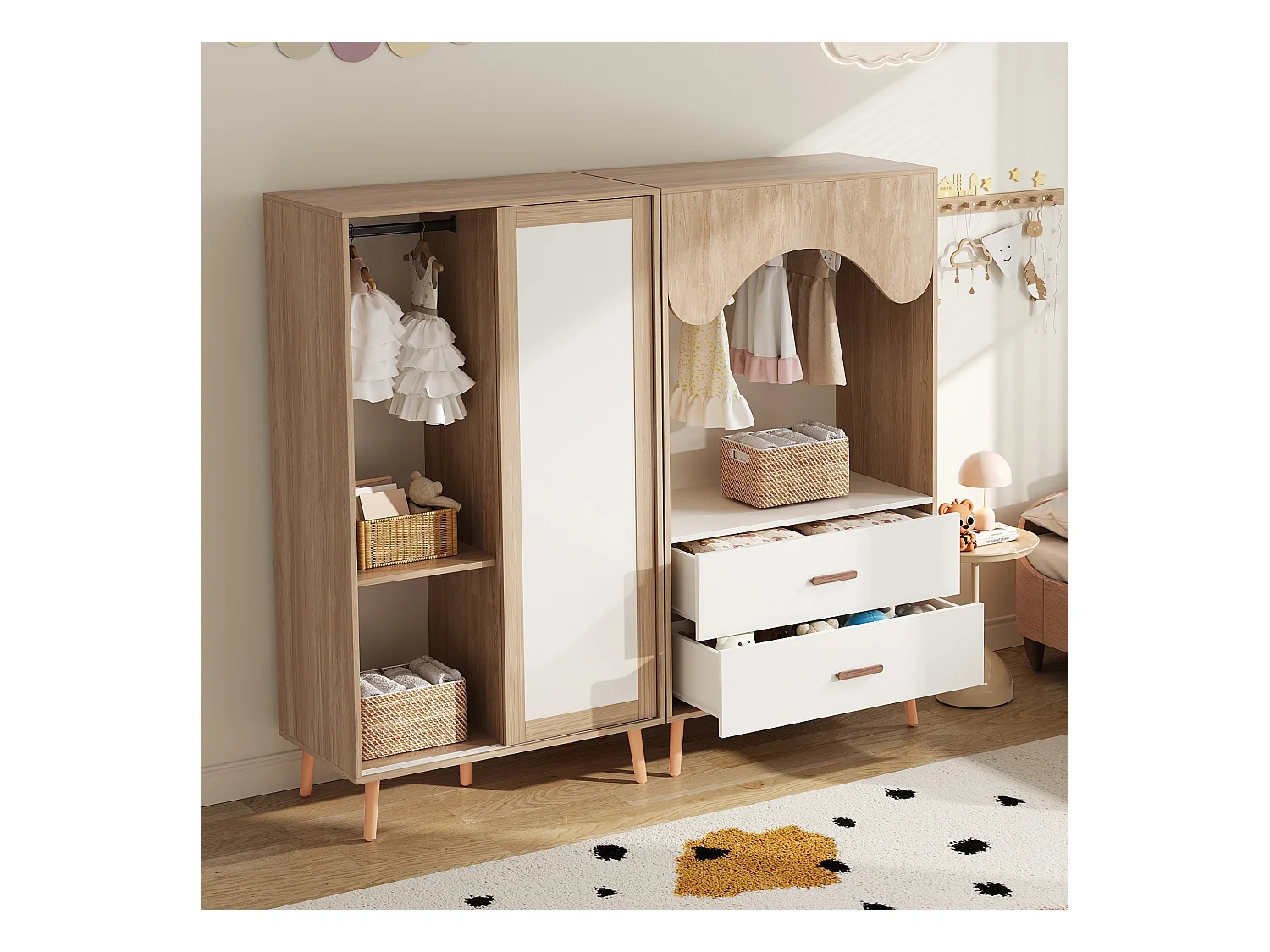 Ensemble armoire enfant - armoire à portes coulissantes + armoire ouverte - pieds en bois massif - blanc + naturel