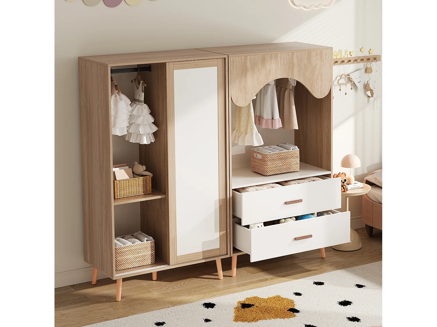 Ensemble armoire enfant - armoire à portes coulissantes + armoire ouverte - pieds en bois massif - blanc + naturel
