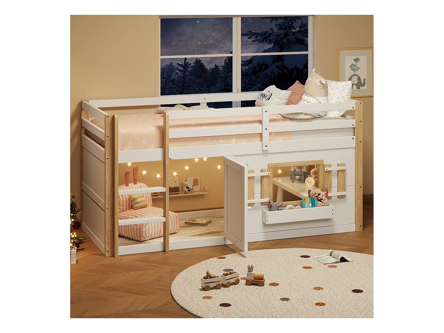 Lit mezzanine enfant 90x200 cm - avec escalier et barrière de sécurité - avec petite porte - MDF + bois massif - Blanc (matelas non inclus)