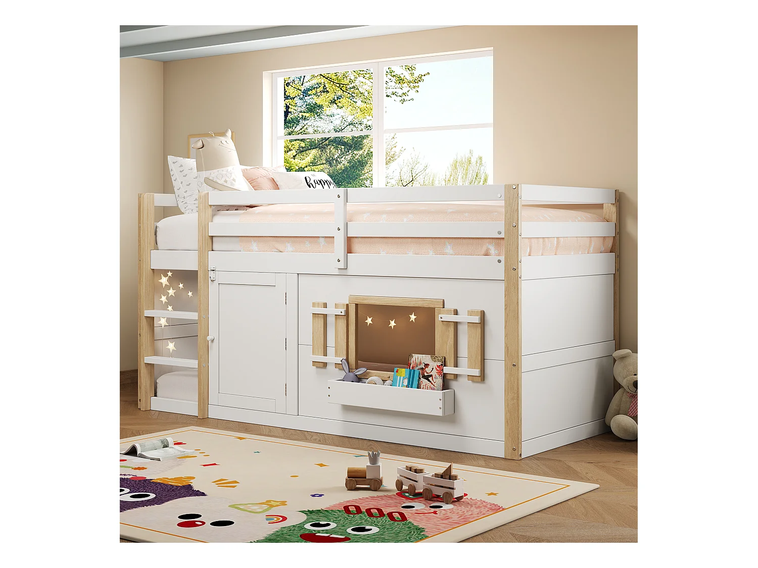 Lit mezzanine enfant 90x200 cm - avec escalier et barrière de sécurité - avec petite porte - MDF + bois massif - Blanc (matelas non inclus)