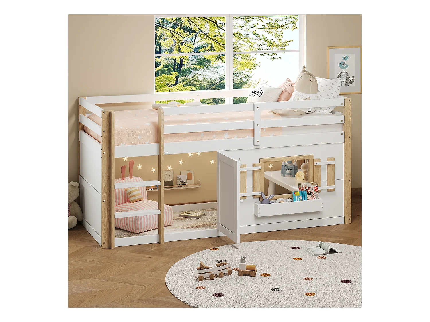 Lit mezzanine enfant 90x200 cm - avec escalier et barrière de sécurité - avec petite porte - MDF + bois massif - Blanc (matelas non inclus)