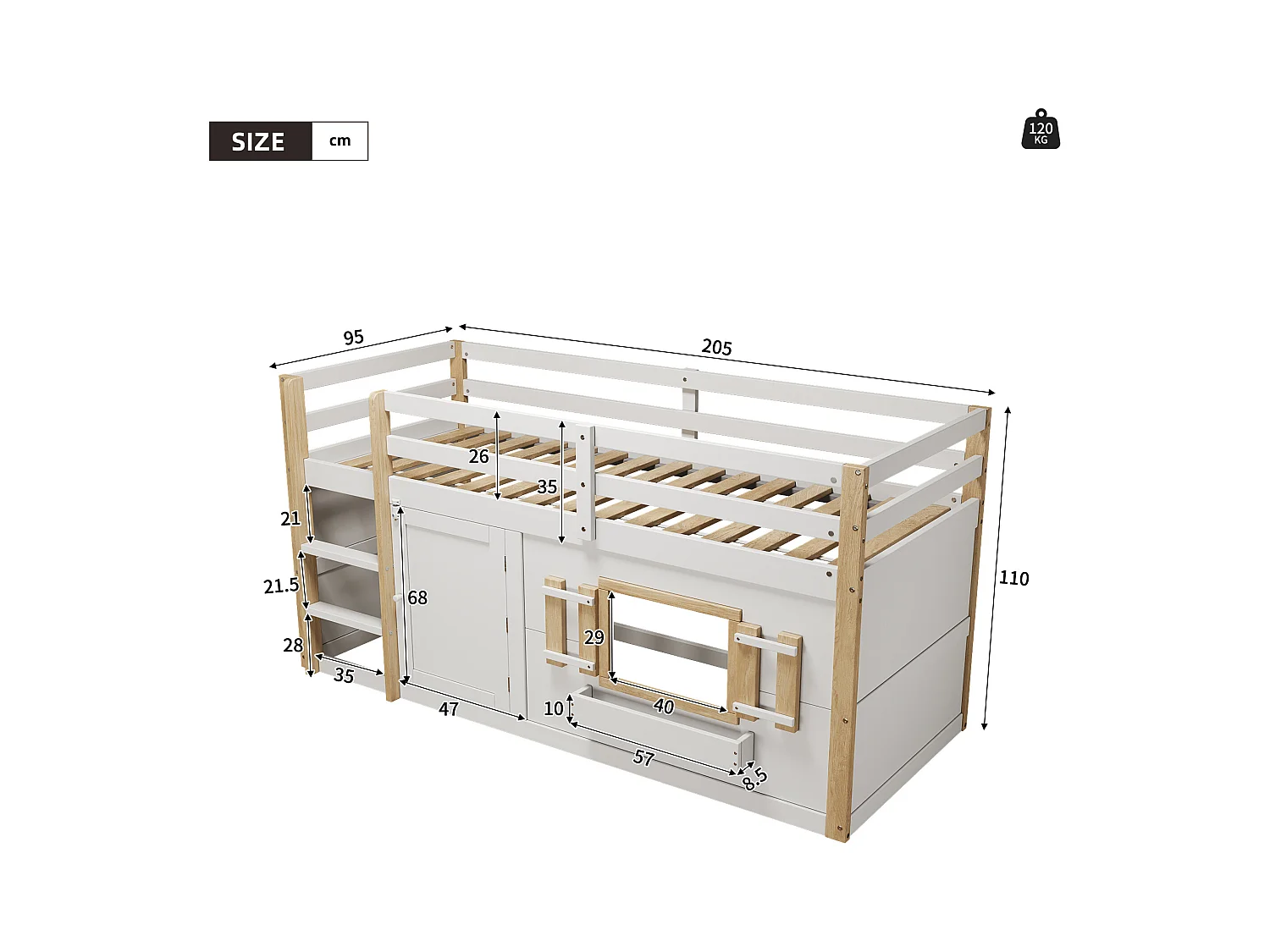 Lit mezzanine enfant 90x200 cm - avec escalier et barrière de sécurité - avec petite porte - MDF + bois massif - Blanc (matelas non inclus)