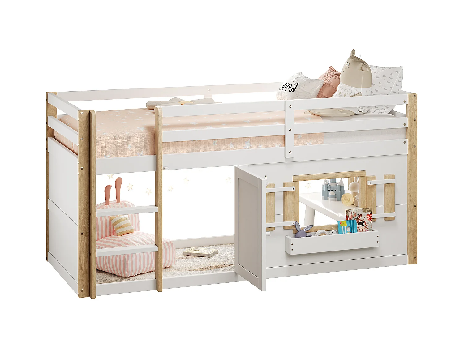 Lit mezzanine enfant 90x200 cm - avec escalier et barrière de sécurité - avec petite porte - MDF + bois massif - Blanc (matelas non inclus)