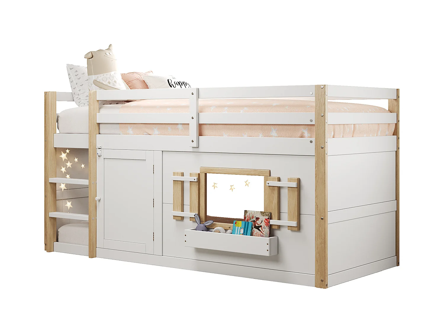 Lit mezzanine enfant 90x200 cm - avec escalier et barrière de sécurité - avec petite porte - MDF + bois massif - Blanc (matelas non inclus)