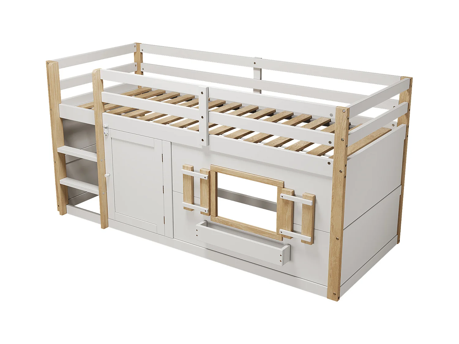 Lit mezzanine enfant 90x200 cm - avec escalier et barrière de sécurité - avec petite porte - MDF + bois massif - Blanc (matelas non inclus)