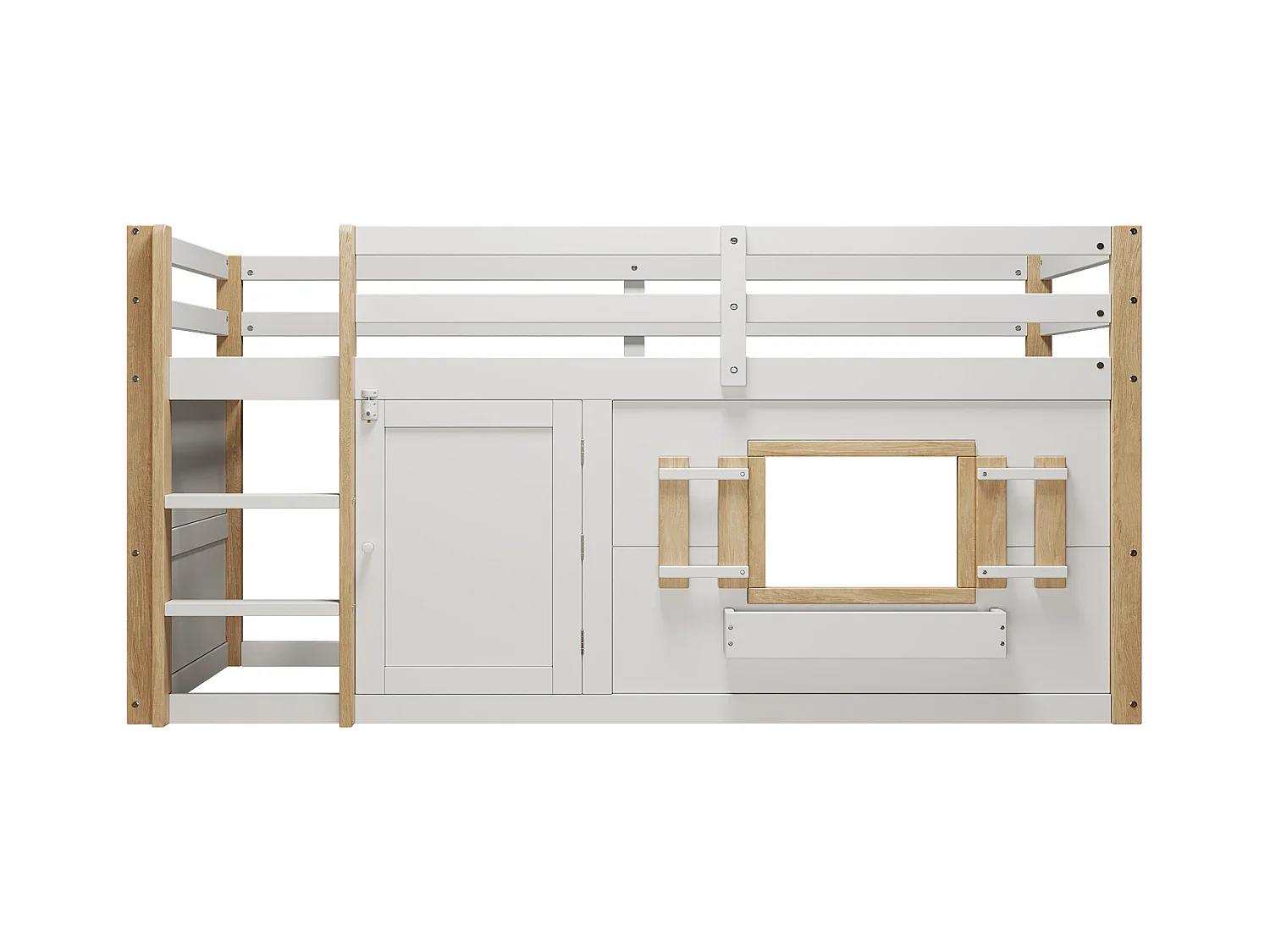 Lit mezzanine enfant 90x200 cm - avec escalier et barrière de sécurité - avec petite porte - MDF + bois massif - Blanc (matelas non inclus)