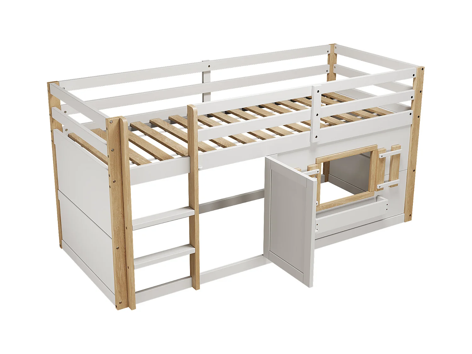 Lit mezzanine enfant 90x200 cm - avec escalier et barrière de sécurité - avec petite porte - MDF + bois massif - Blanc (matelas non inclus)