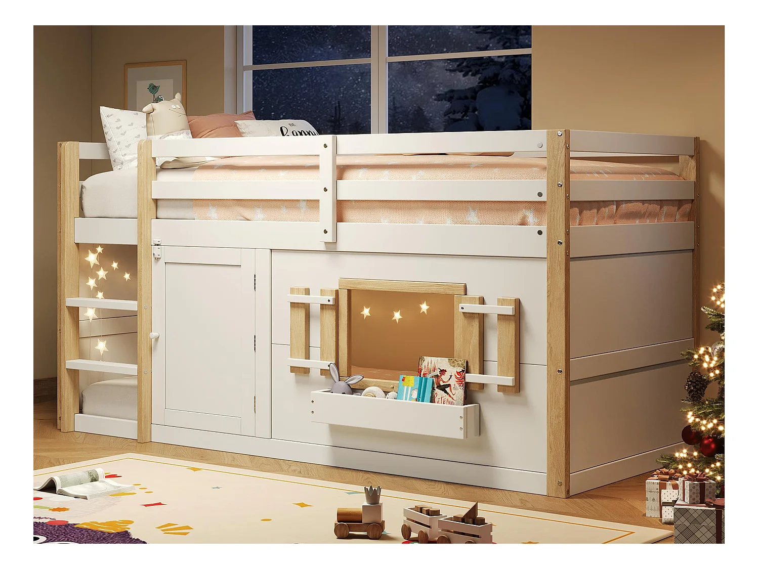 Cama altillo infantil 90x200 cm - con escalera y barandilla de seguridad - con pequeña puerta - MDF + madera maciza - Blanco (colchón no incluido)