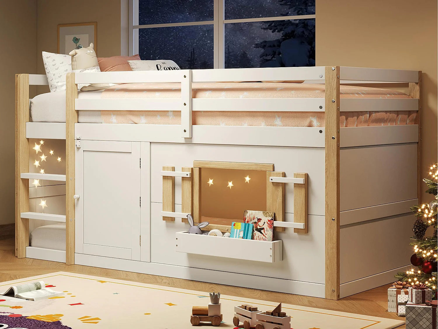 Lit mezzanine enfant 90x200 cm - avec escalier et barrière de sécurité - avec petite porte - MDF + bois massif - Blanc (matelas non inclus)