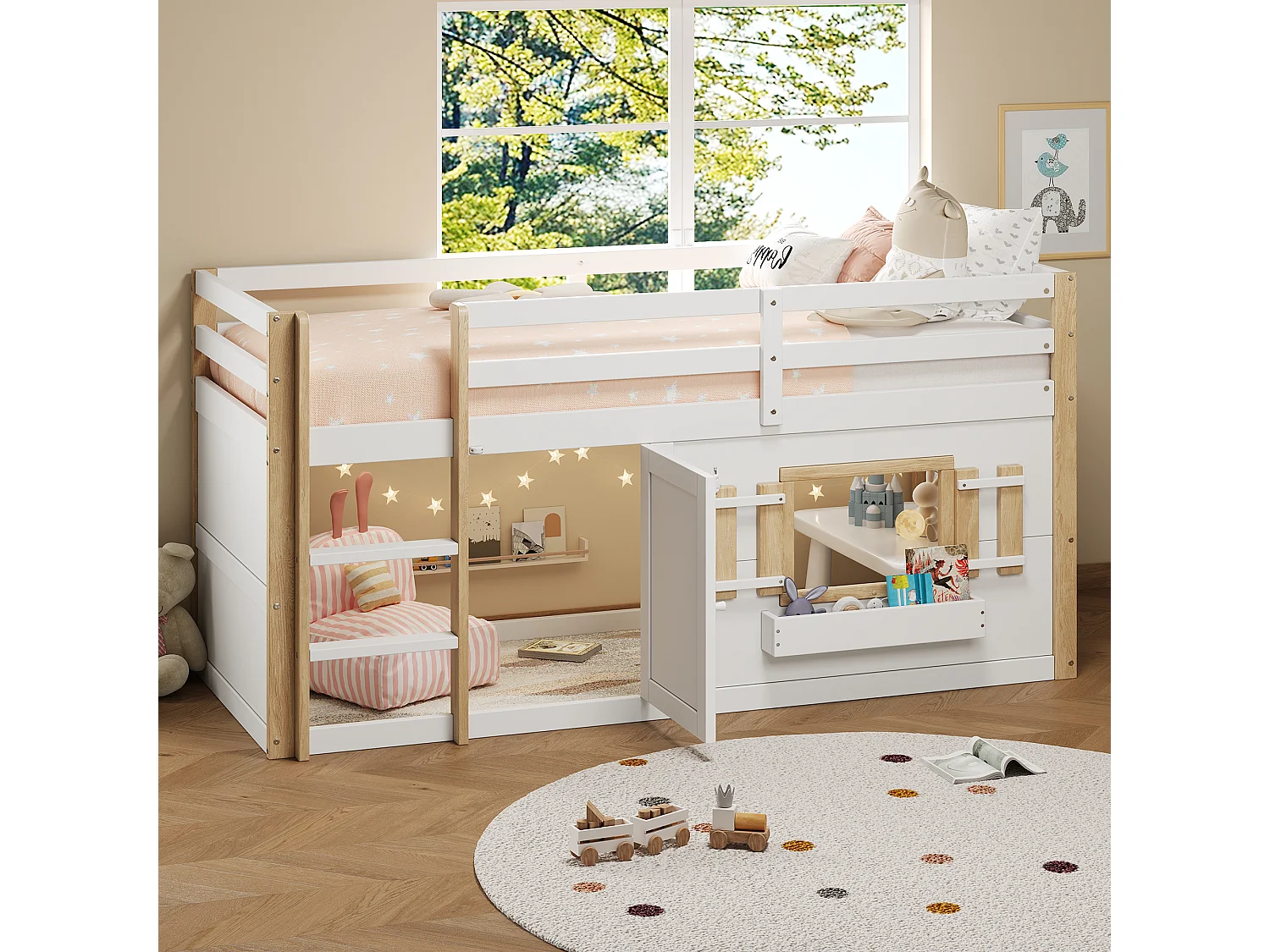 Lit mezzanine enfant 90x200 cm - avec escalier et barrière de sécurité - avec petite porte - MDF + bois massif - Blanc (matelas non inclus)