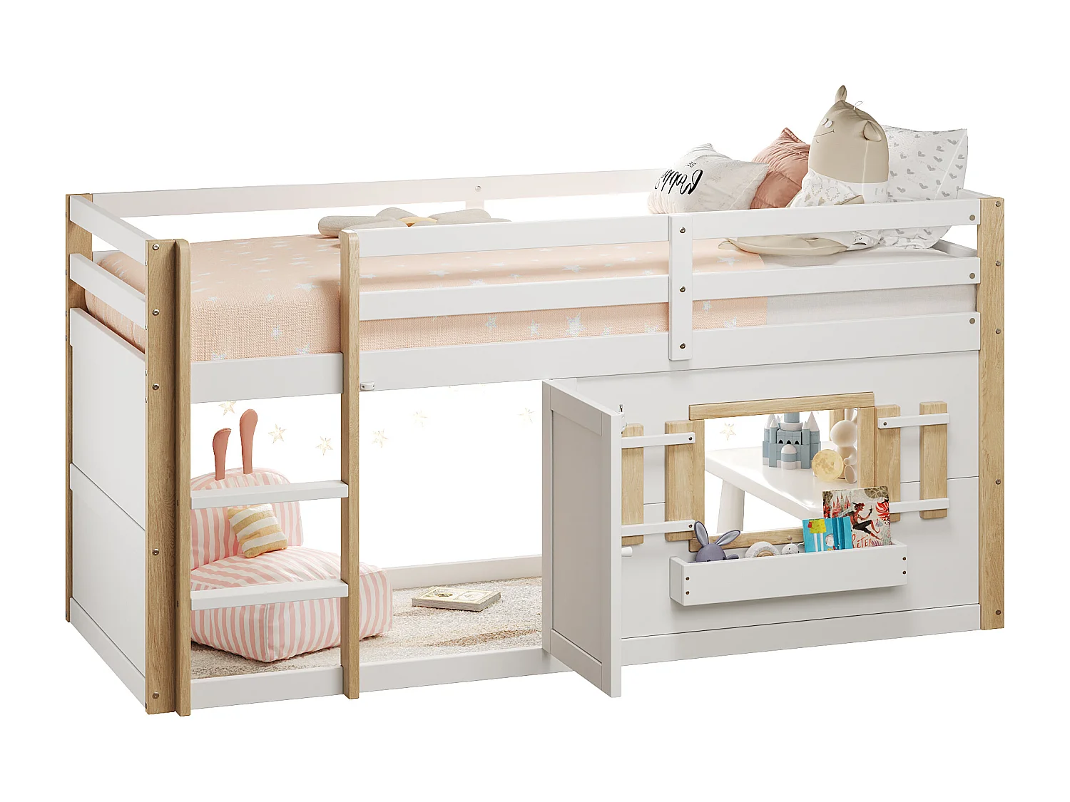 Lit mezzanine enfant 90x200 cm - avec escalier et barrière de sécurité - avec petite porte - MDF + bois massif - Blanc (matelas non inclus)