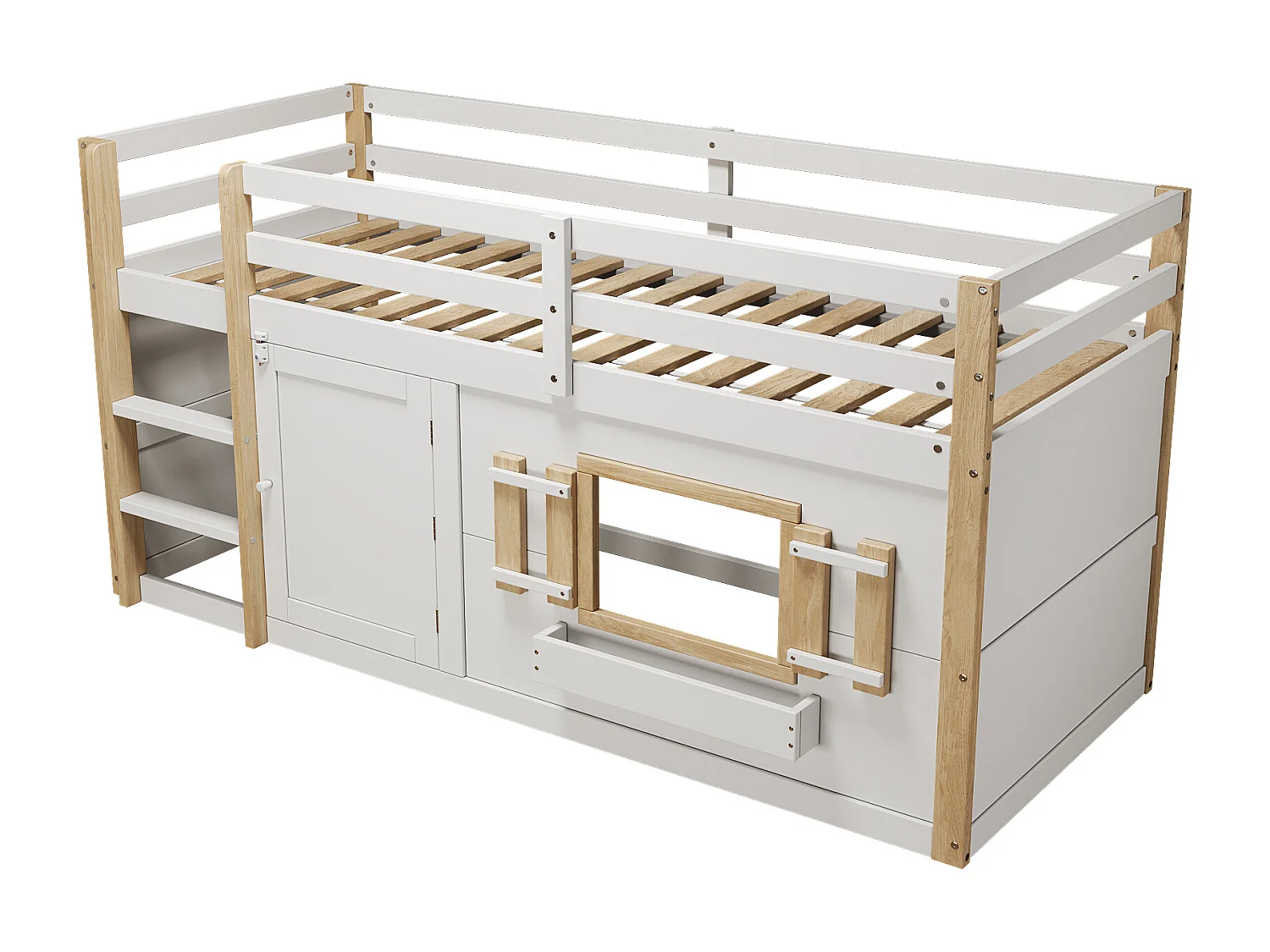 Lit mezzanine enfant 90x200 cm - avec escalier et barrière de sécurité - avec petite porte - MDF + bois massif - Blanc (matelas non inclus)