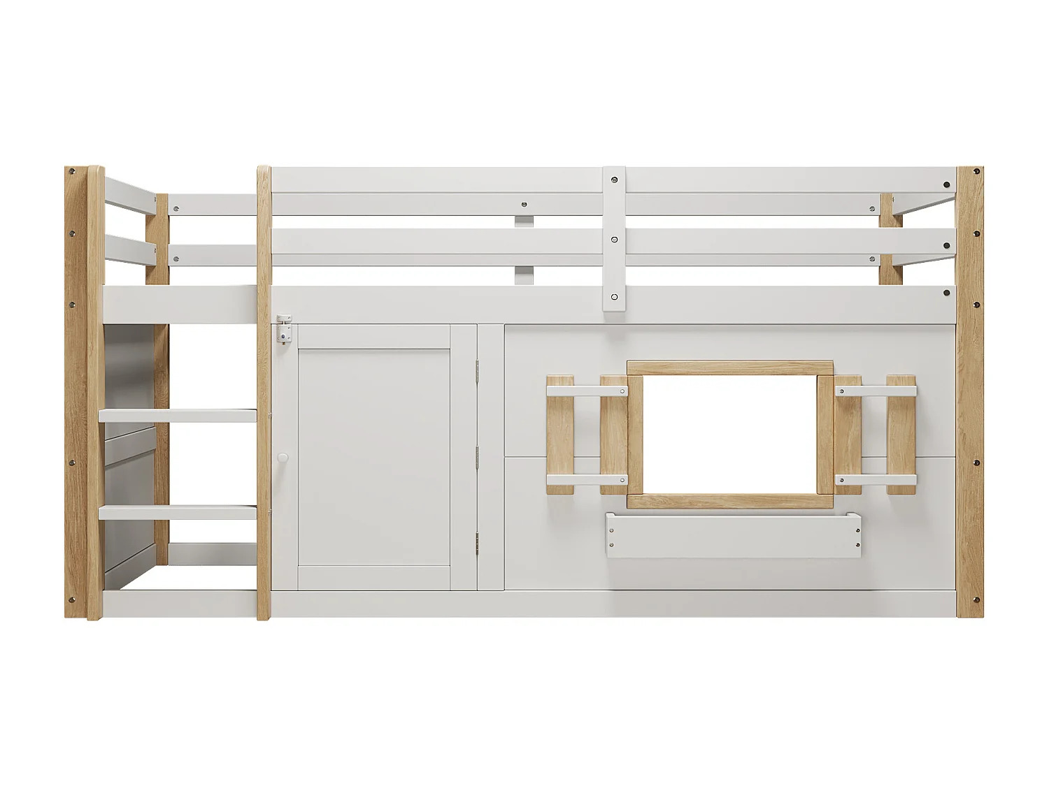 Lit mezzanine enfant 90x200 cm - avec escalier et barrière de sécurité - avec petite porte - MDF + bois massif - Blanc (matelas non inclus)