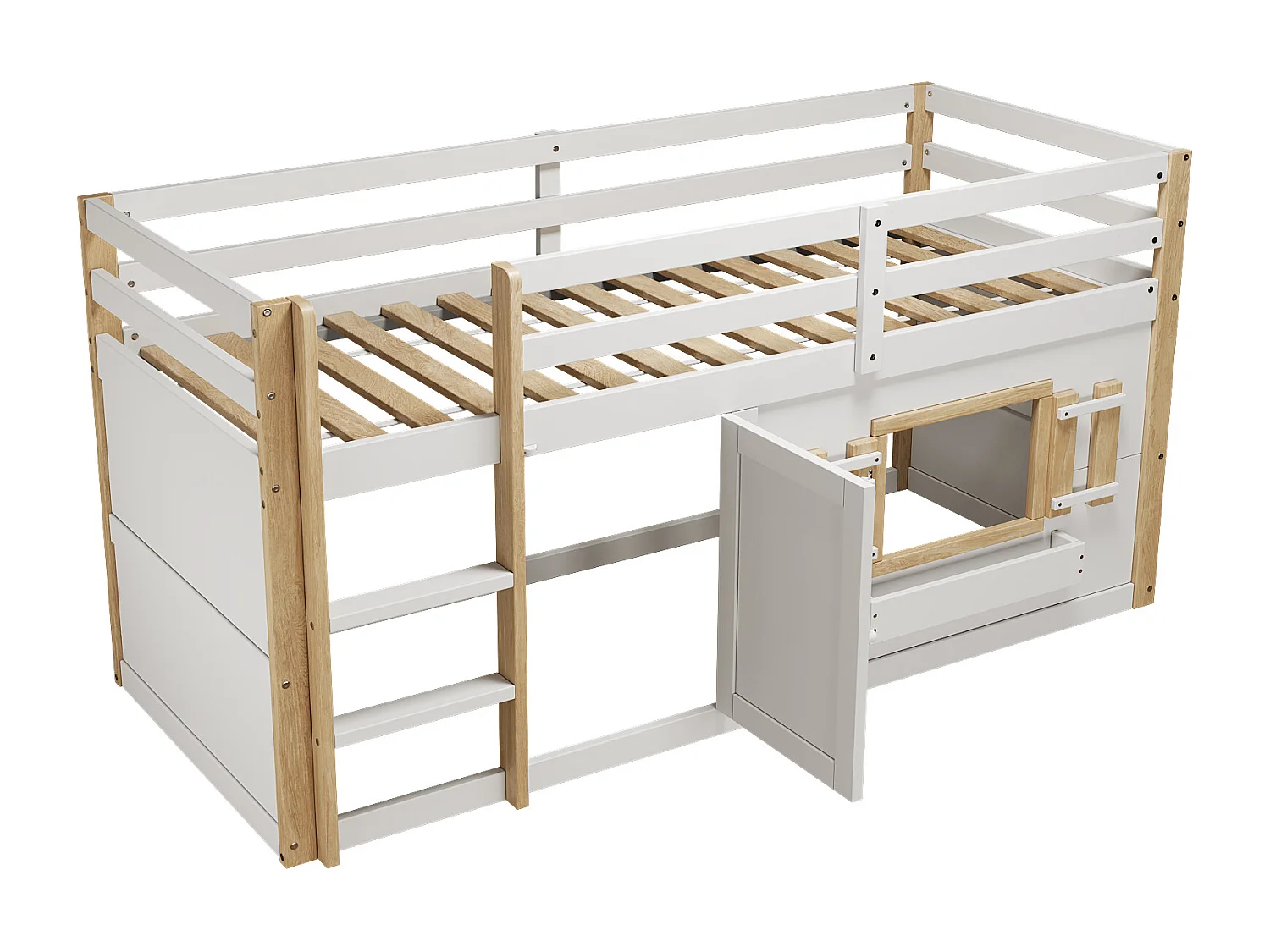 Lit mezzanine enfant 90x200 cm - avec escalier et barrière de sécurité - avec petite porte - MDF + bois massif - Blanc (matelas non inclus)