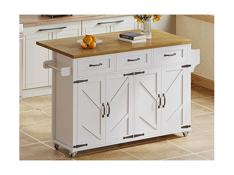 Ilot central de cuisine - table à manger pliable - avec 5 roulettes verrouillables - avec 3 tiroirs et 4 portes - conception de style grange - Blanc