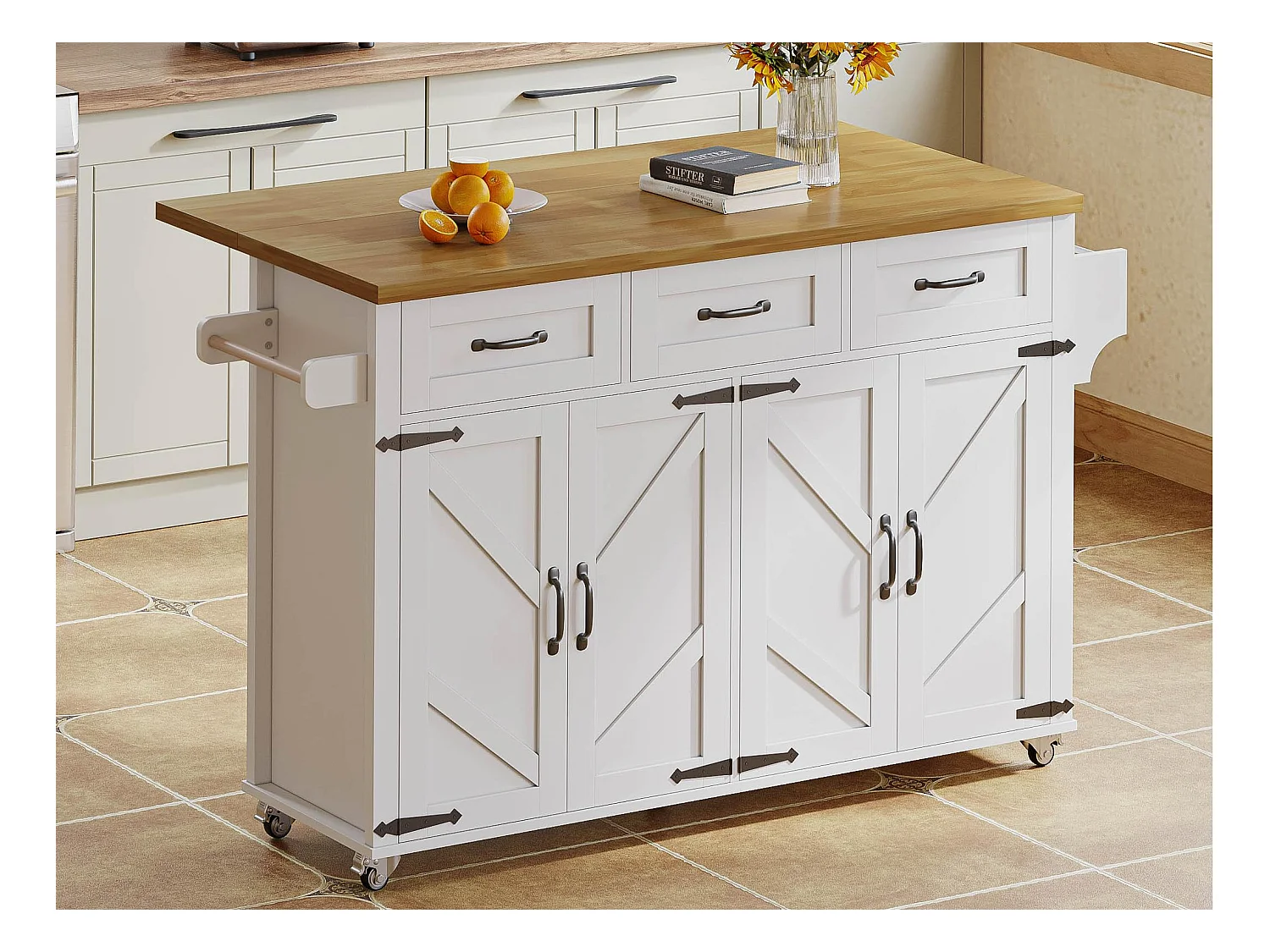 Ilot central de cuisine - table à manger pliable - avec 5 roulettes verrouillables - avec 3 tiroirs et 4 portes - conception de style grange - Blanc