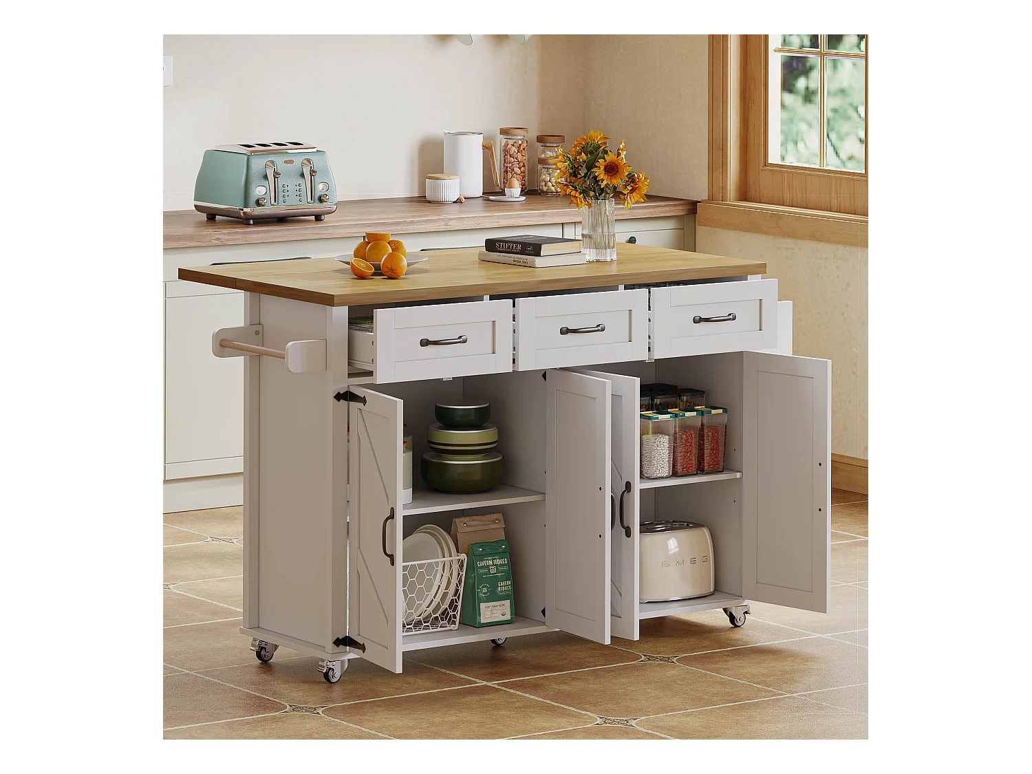 Ilot central de cuisine - table à manger pliable - avec 5 roulettes verrouillables - avec 3 tiroirs et 4 portes - conception de style grange - Blanc