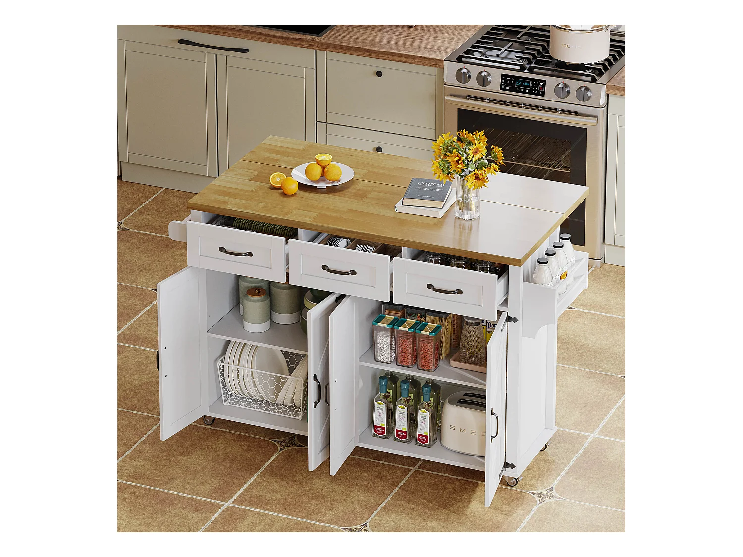 Ilot central de cuisine - table à manger pliable - avec 5 roulettes verrouillables - avec 3 tiroirs et 4 portes - conception de style grange - Blanc