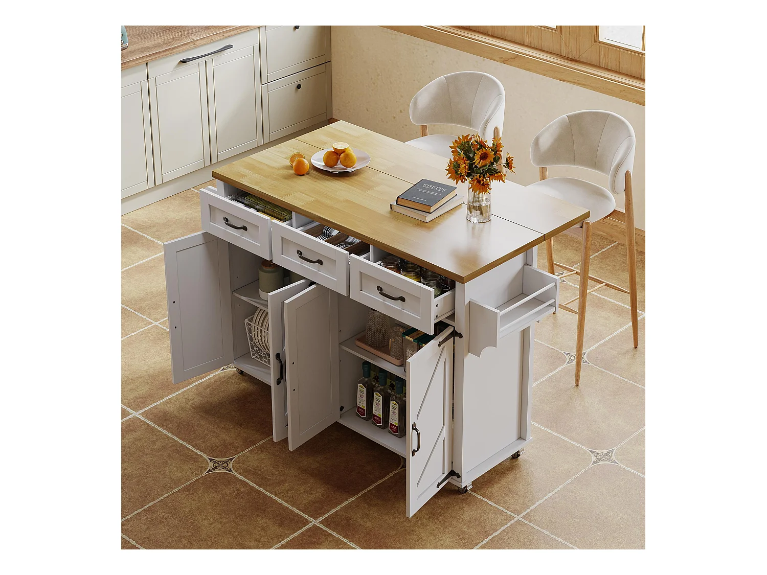 Ilot central de cuisine - table à manger pliable - avec 5 roulettes verrouillables - avec 3 tiroirs et 4 portes - conception de style grange - Blanc