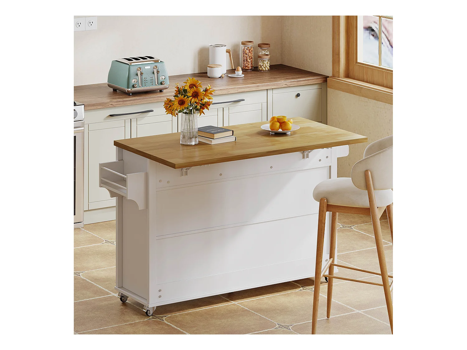 Ilot central de cuisine - table à manger pliable - avec 5 roulettes verrouillables - avec 3 tiroirs et 4 portes - conception de style grange - Blanc