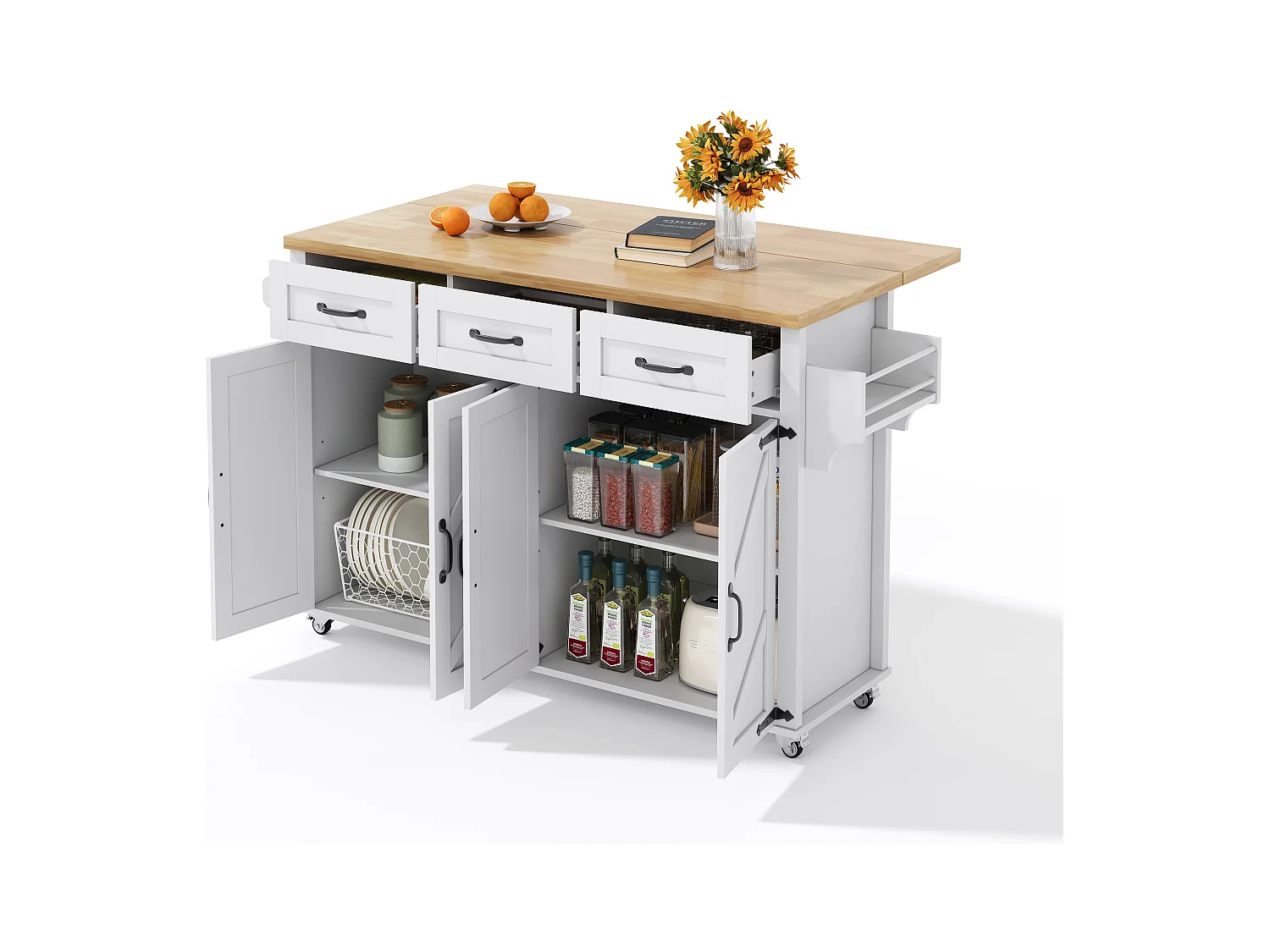 Ilot central de cuisine - table à manger pliable - avec 5 roulettes verrouillables - avec 3 tiroirs et 4 portes - conception de style grange - Blanc