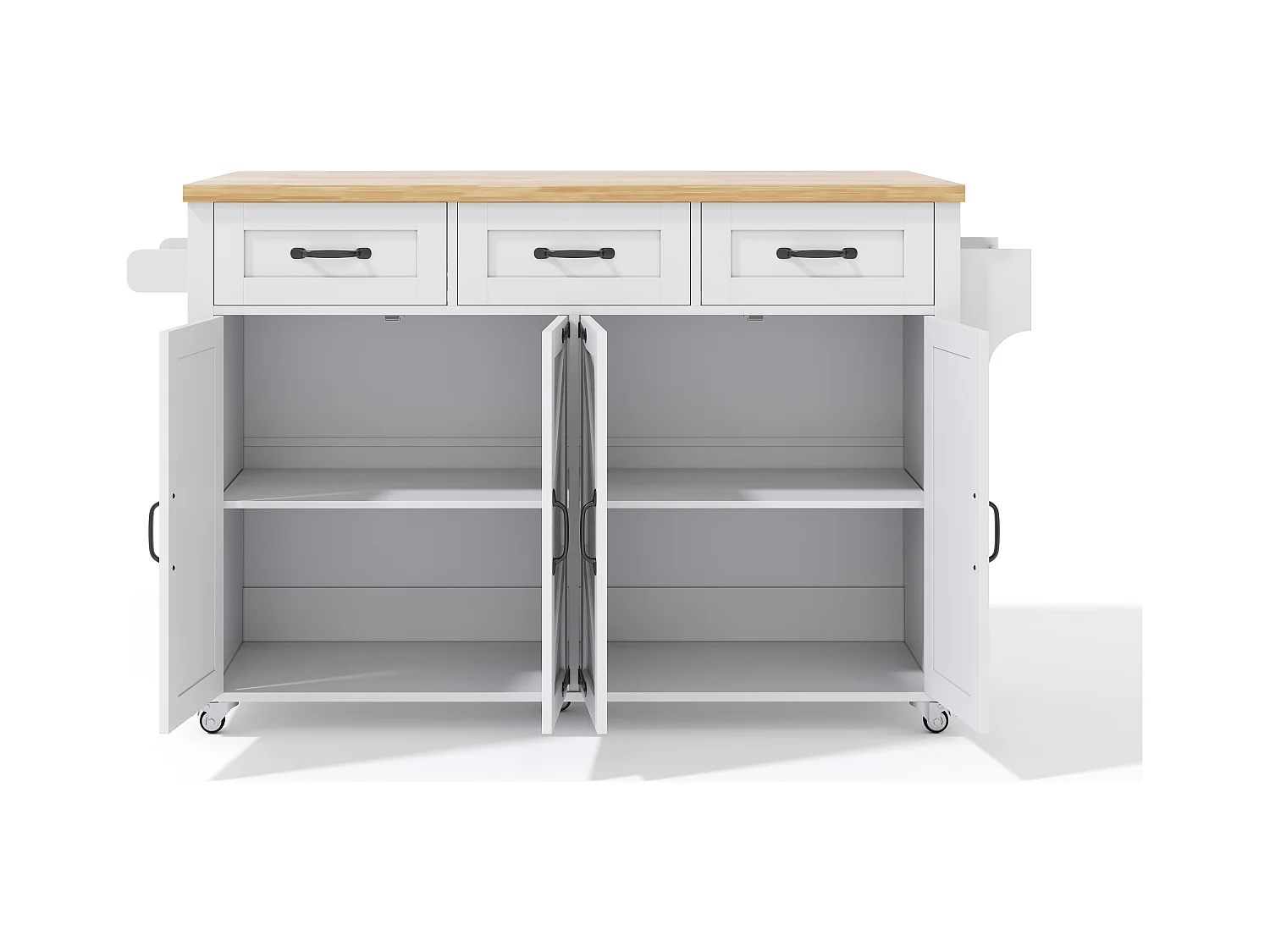 Ilot central de cuisine - table à manger pliable - avec 5 roulettes verrouillables - avec 3 tiroirs et 4 portes - conception de style grange - Blanc