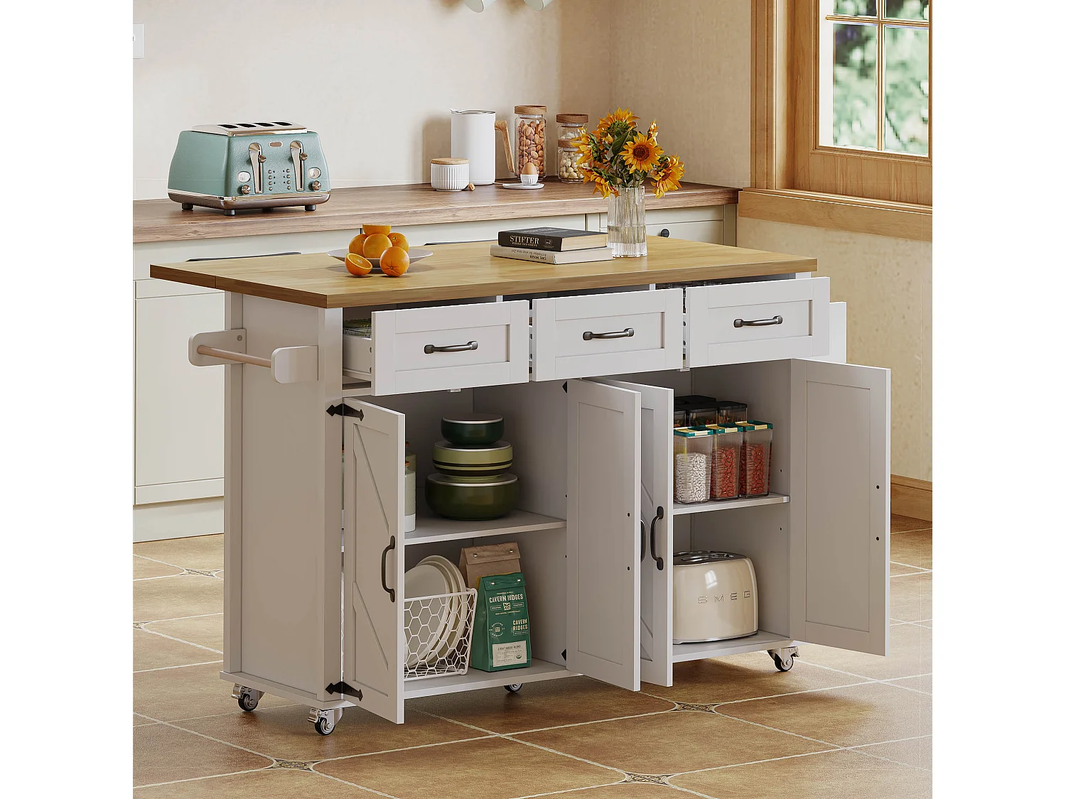 Ilot central de cuisine - table à manger pliable - avec 5 roulettes verrouillables - avec 3 tiroirs et 4 portes - conception de style grange - Blanc