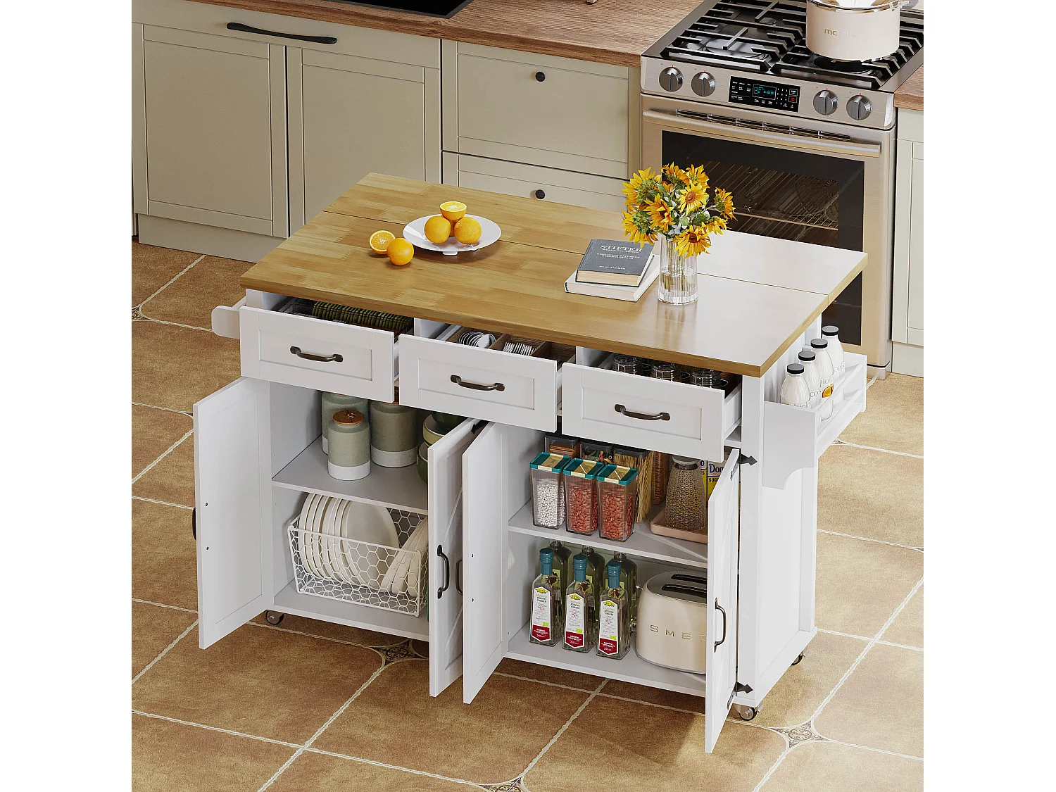 Ilot central de cuisine - table à manger pliable - avec 5 roulettes verrouillables - avec 3 tiroirs et 4 portes - conception de style grange - Blanc