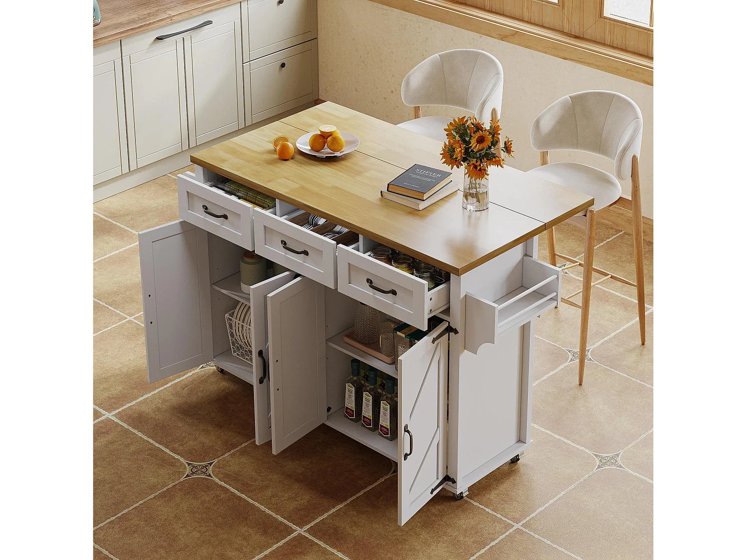 Ilot central de cuisine - table à manger pliable - avec 5 roulettes verrouillables - avec 3 tiroirs et 4 portes - conception de style grange - Blanc