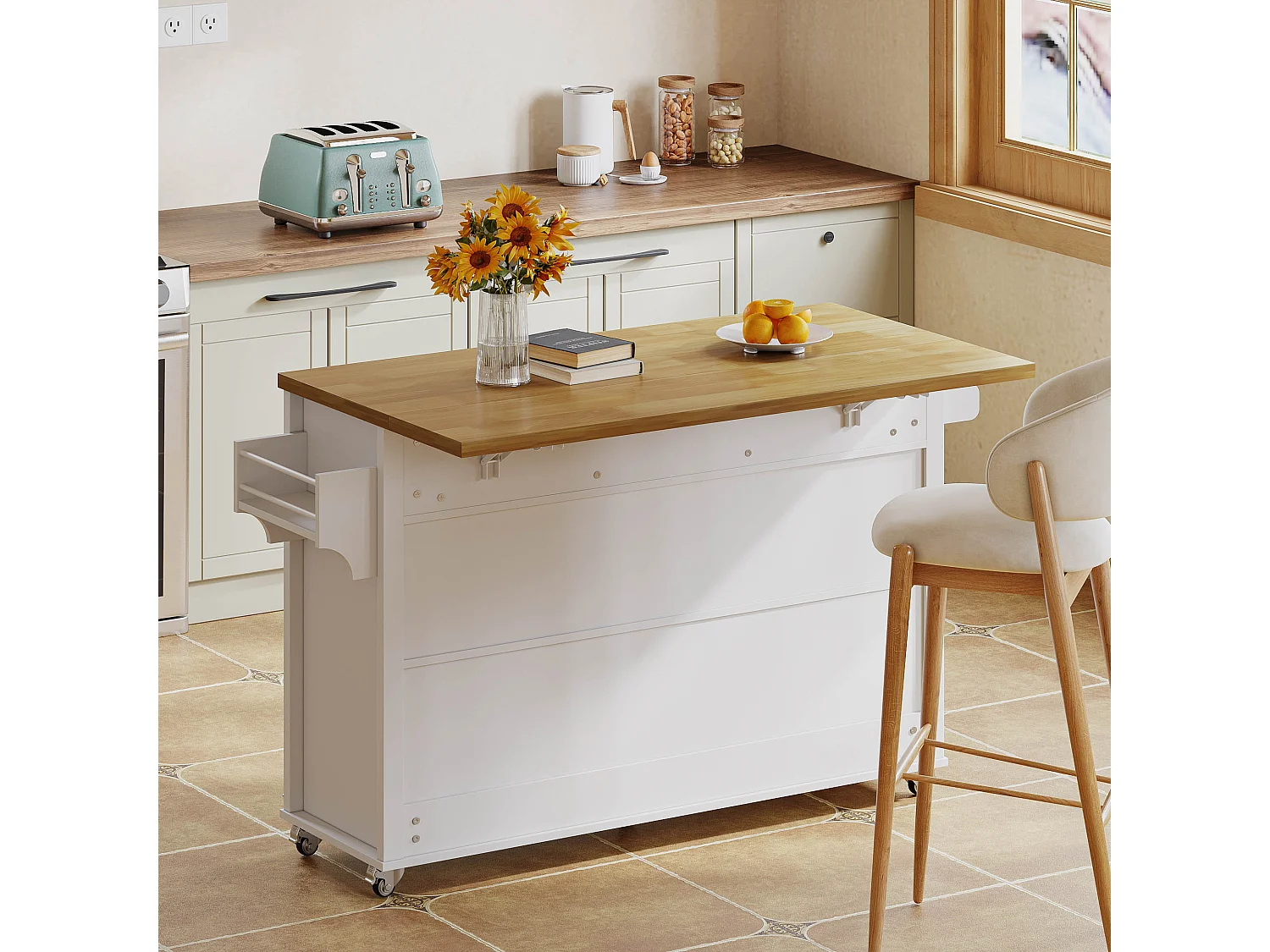 Ilot central de cuisine - table à manger pliable - avec 5 roulettes verrouillables - avec 3 tiroirs et 4 portes - conception de style grange - Blanc