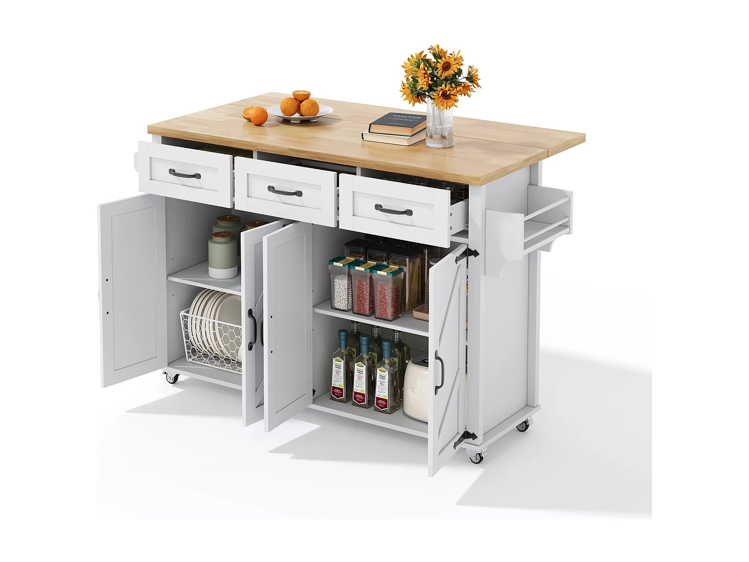 Ilot central de cuisine - table à manger pliable - avec 5 roulettes verrouillables - avec 3 tiroirs et 4 portes - conception de style grange - Blanc