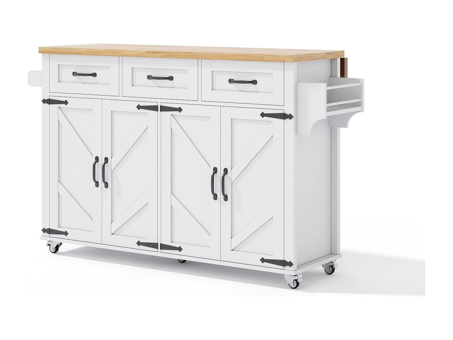 Ilot central de cuisine - table à manger pliable - avec 5 roulettes verrouillables - avec 3 tiroirs et 4 portes - conception de style grange - Blanc