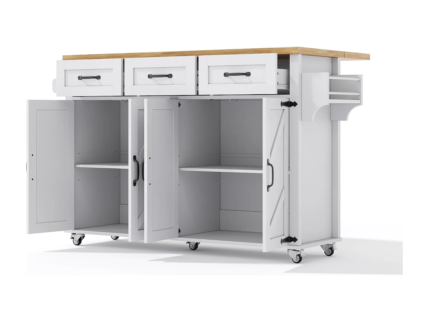 Ilot central de cuisine - table à manger pliable - avec 5 roulettes verrouillables - avec 3 tiroirs et 4 portes - conception de style grange - Blanc