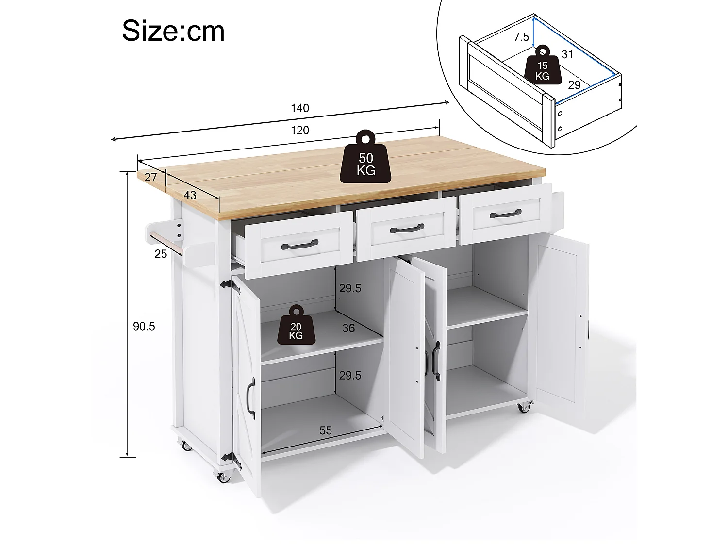 Keukeneiland - opklapbare eettafel - met 5 vergrendelbare wieltjes - met 3 laden en 4 deuren - schuur stijl ontwerp - Wit