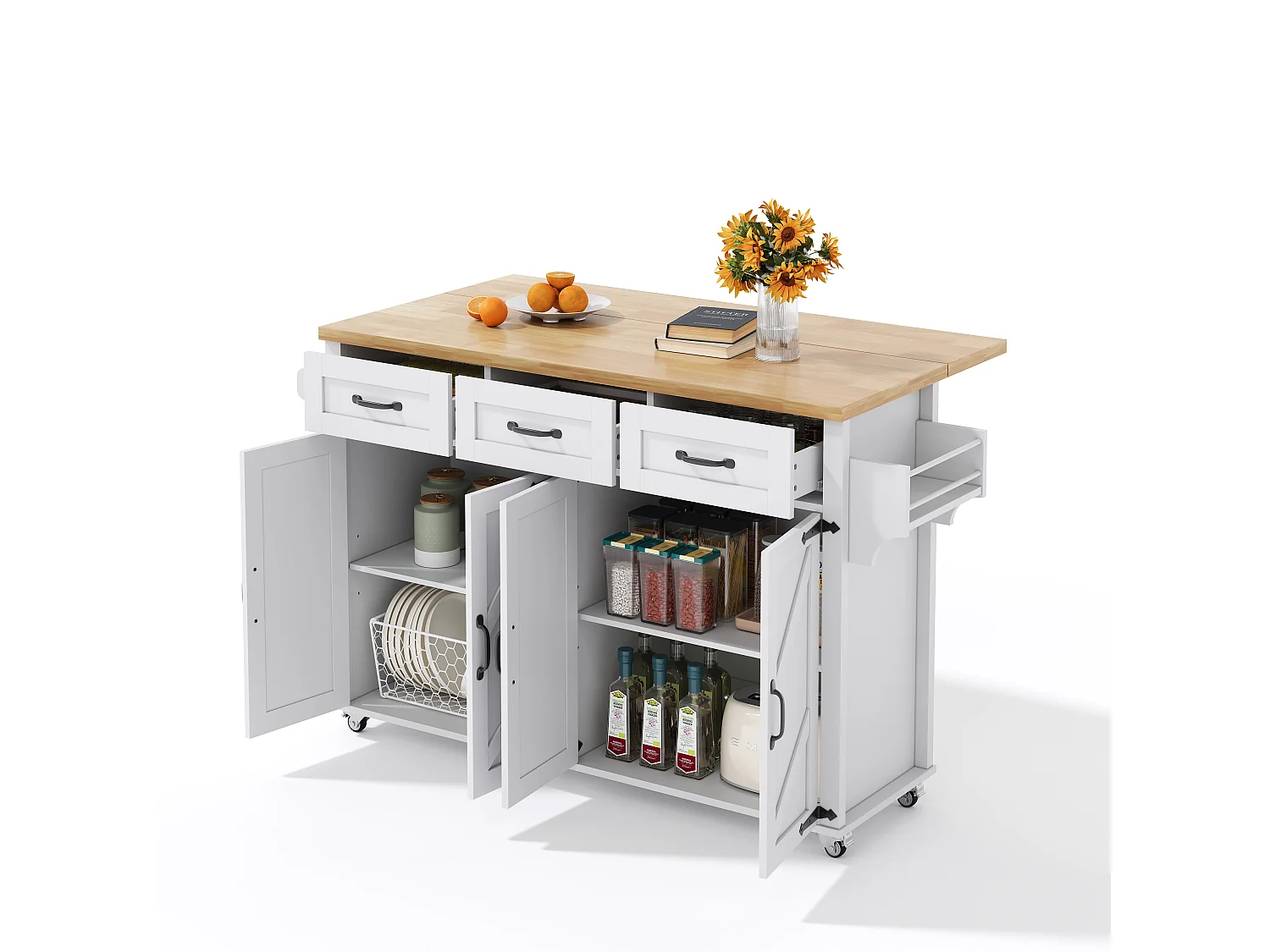 Keukeneiland - opklapbare eettafel - met 5 vergrendelbare wieltjes - met 3 laden en 4 deuren - schuur stijl ontwerp - Wit