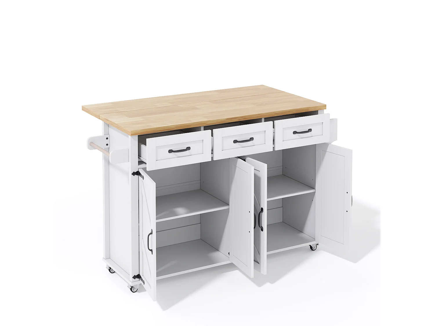 Keukeneiland - opklapbare eettafel - met 5 vergrendelbare wieltjes - met 3 laden en 4 deuren - schuur stijl ontwerp - Wit