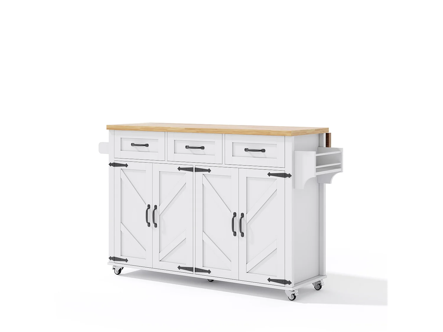 Keukeneiland - opklapbare eettafel - met 5 vergrendelbare wieltjes - met 3 laden en 4 deuren - schuur stijl ontwerp - Wit