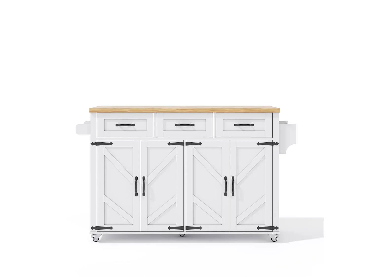Keukeneiland - opklapbare eettafel - met 5 vergrendelbare wieltjes - met 3 laden en 4 deuren - schuur stijl ontwerp - Wit