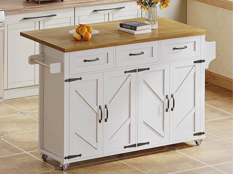 Ilha de cozinha central - mesa de jantar dobrável - com 5 rodas bloqueáveis - com 3 gavetas e 4 portas - design estilo celeiro - Branco