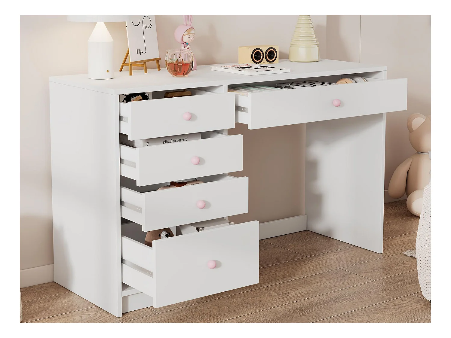 Bureau 120x45x74 cm - 5 laden - handvatten van roze keramiek - MDF - wit