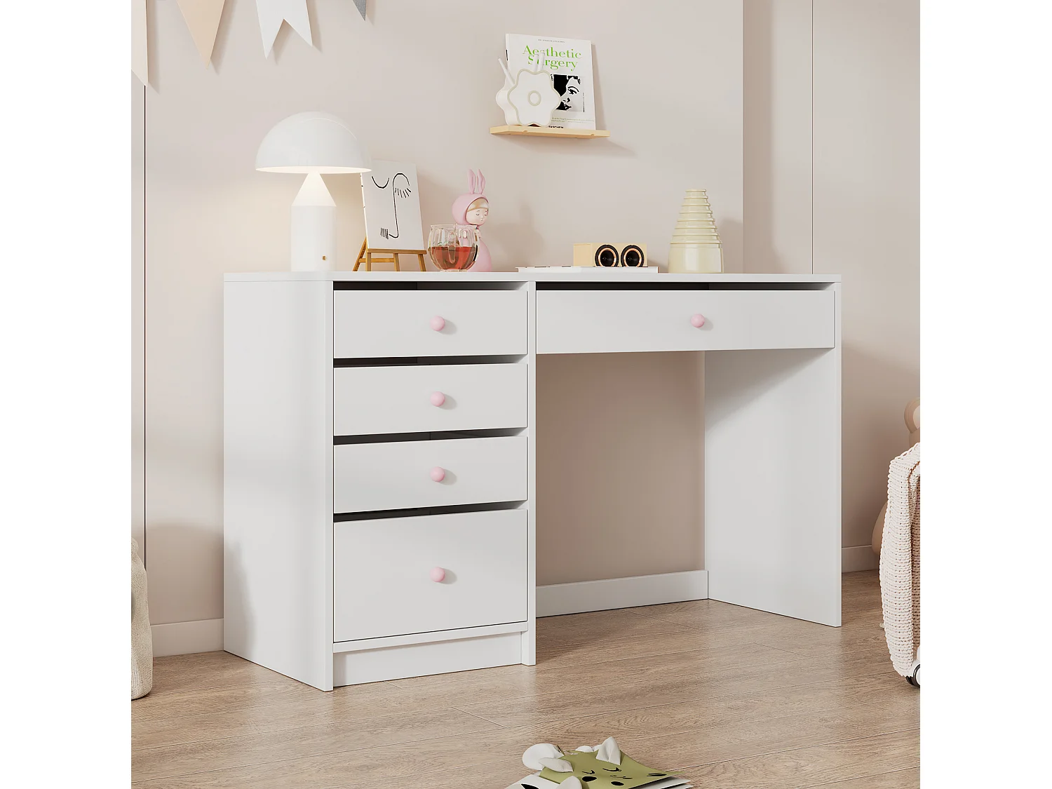 Bureau 120x45x74 cm - 5 laden - handvatten van roze keramiek - MDF - wit