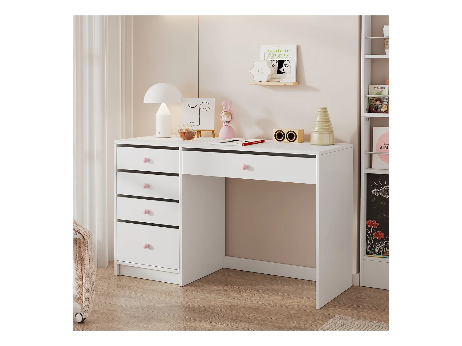 Bureau 120x45x74 cm - 5 laden - handvatten van roze keramiek - MDF - wit